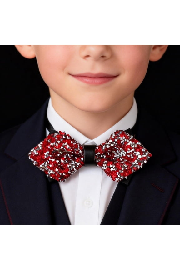 Boys' Bow Tie for Ages 5-10, Crystal Encrusted Leather Bow Tie for Kids, Formal Bow Tie for Wedding, Party, Hosting, and Suit Accessories Red
