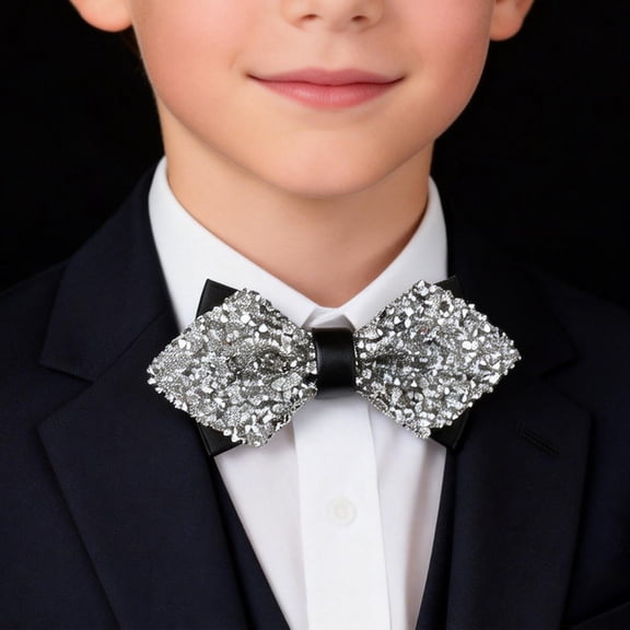Boys' Bow Tie for Ages 5-10, Crystal Encrusted Leather Bow Tie for Kids, Formal Bow Tie for Wedding, Party, Hosting, and Suit Accessories Silver