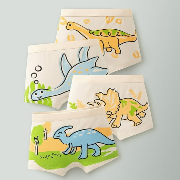 Boys' Boxer Briefs Cartoon Dinosaur Car Boys Briefs For Kids Comfortable Breathable Soft Elastic Waistband Boyshorts Underwear, 4 Pack, 4-14 Years