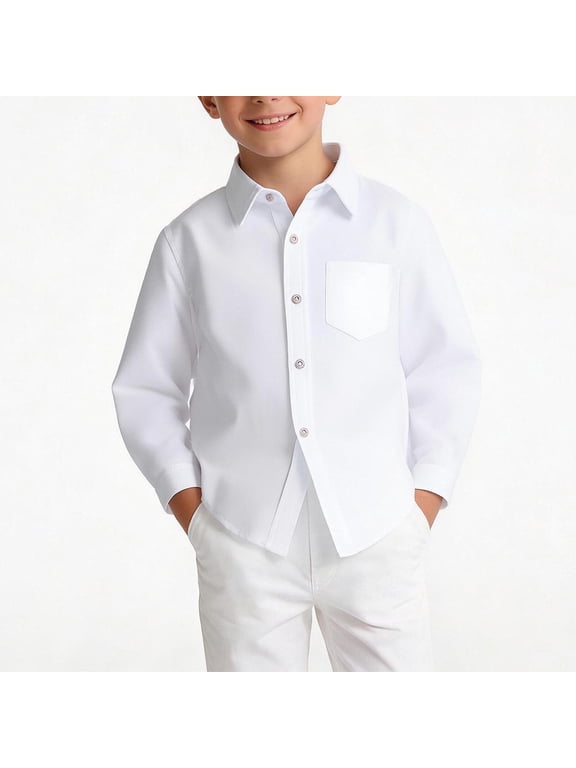 Boys Breathable 100% Cotton Long Sleeve Button Down Shirt Solid White Casual School Top,Size 4 T