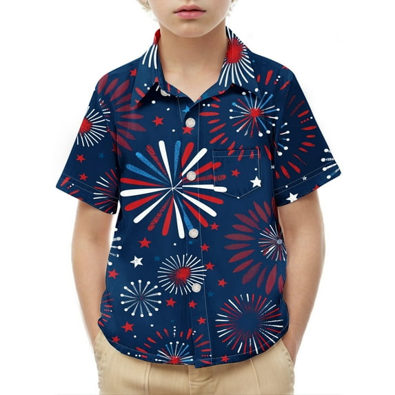 Boys Button Down Patriotic Shirts 4th of July Outfits Summer Casual Short Sleeve Collared Blouses Festival Clothes Multicolor, 14 Years