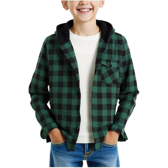 Boys Button Down Plaid Shirt Jacket Boys 3t Long Sleeve T-Shirts Long Sleeve Casual Hoodie Color Block with a Chest Pocket(Size 15-16 Years,Green)