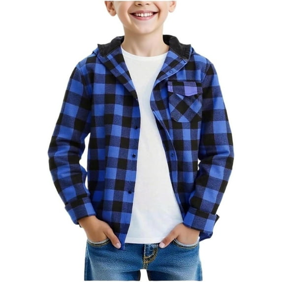 Boys Button Down Plaid Shirt Jacket Boys Toys Age 4 Long Sleeve Casual Hoodie Color Block with a Chest Pocket(Size 11-12 Years,Blue)