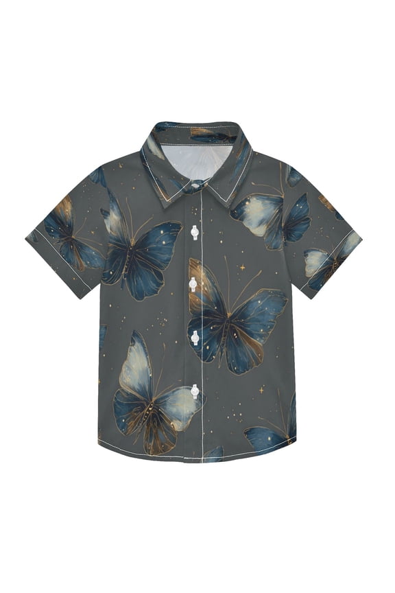 Boys Button-Down Shirt Short Sleeve Shirt Tops for 3Y Brown-blue Butterfly Pattern