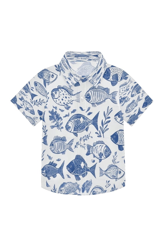 Boys Button-Down Shirt Short Sleeve Shirt Tops for 3Y Hand-drawn Fish