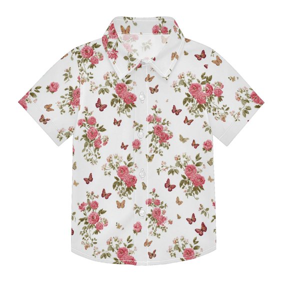 Boys Button-Down Shirt Short Sleeve Shirt Tops for 3Y Small Butterfly and Rose Pattern