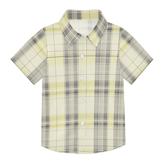 Boys Button-Down Shirt Short Sleeve Shirt Tops for 3Y Yellow and Grey Tartan Pattern