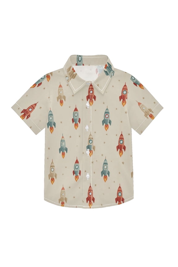 Boys Button-Down Shirt Short Sleeve Shirt Tops for 4Y Rocket with Flames Pattern