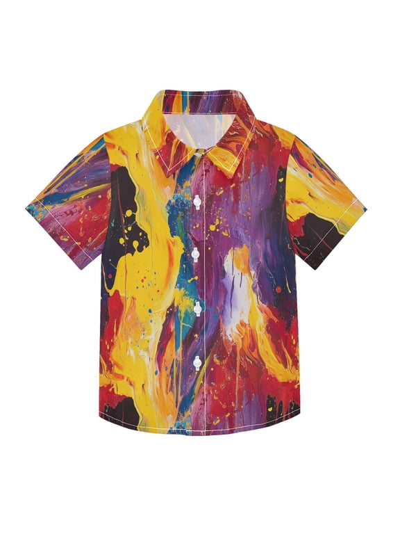 Boys Button-Down Shirt Short Sleeve Shirt Tops for 7-8Y Flames and Sparks Painting