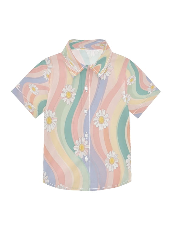 Boys Button-Down Shirt Short Sleeve Shirt Tops for 7-8Y Pastel Rainbow Colors Pattern
