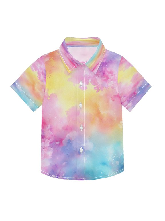 Boys Button-Down Shirt Short Sleeve Shirt Tops for 9-10Y Pastel Rainbow Flowers