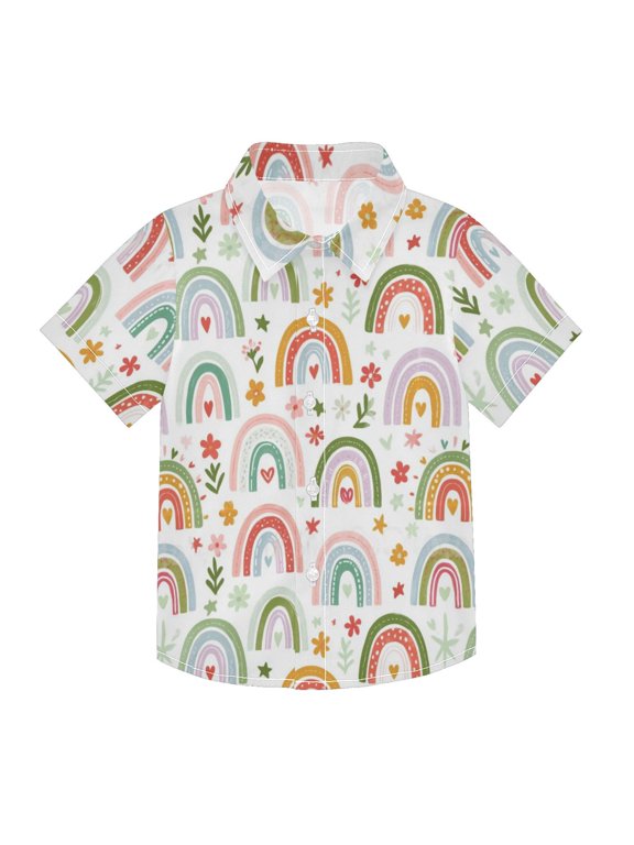 Boys Button-Down Shirt Short Sleeve Shirt Tops for 9-10Y Rainbow Flowers