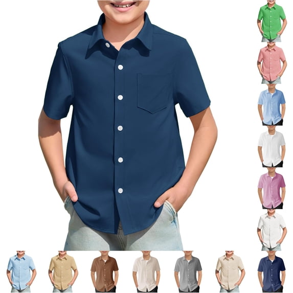 Boys Button Down Shirt Solid Dress Shirts School Uniform Summer T Shirts 13-14 Years
