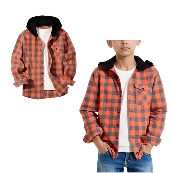 Boys' Button-Down Shirts Plaid Hooded Long Sleeve Shirts Lightweight Girls Fall Jacket Boys Tops Size 7-8 Years