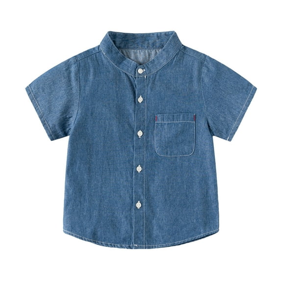 Boys Button Down Shirts Size 5 Short Sleeve Solid Color T-Shirt Casual Collared Denim Jacket Cardigan Summer Outwear Kids Tops Dark Blue 4-5 Years