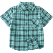 OMTHAKA Boys Button Down Short Sleeve Shirts Toddler Buffalo Plaid Shirt with Pocket School Uniform Dress Shirt