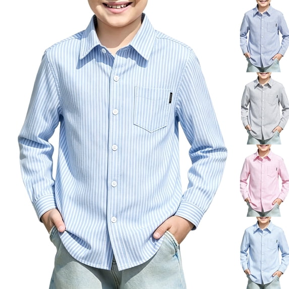 Boys Button Down Striped Dress Shirts with Chest Pocket Girls Long Sleeve Casual Formal School Uniform Shirts Blue,6-7 Years
