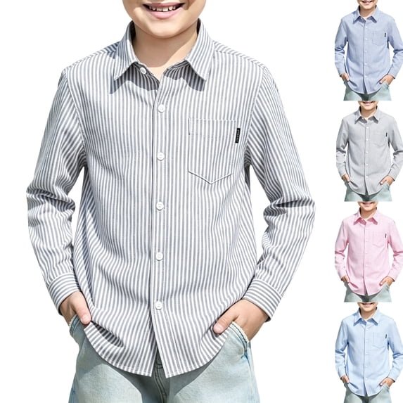 Boys Button Down Striped Dress Shirts with Chest Pocket Girls Long Sleeve Casual Formal School Uniform Shirts Gray,10-11 Years