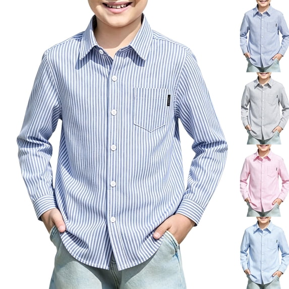 Boys Button Down Striped Dress Shirts with Chest Pocket Girls Long Sleeve Casual Formal School Uniform Shirts Sky Blue,4-5 Years