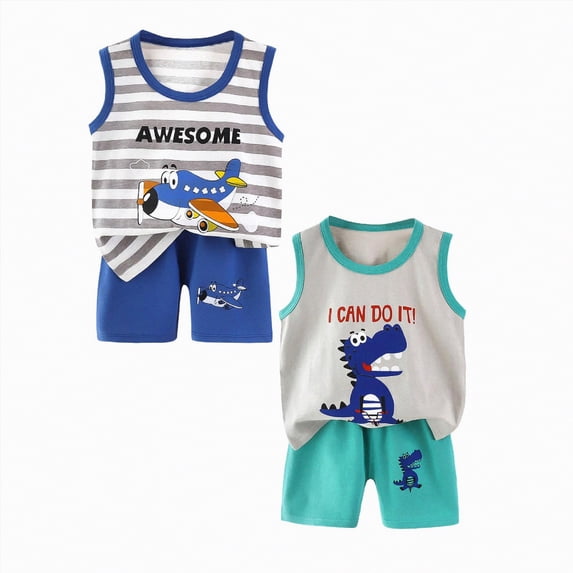 Toddler Boy Clothes 18-24 Months Kids Boys Outfit Sets, Sleeveless Cotton Summer Shirts and Shorts Set Blue Size 0-6 T