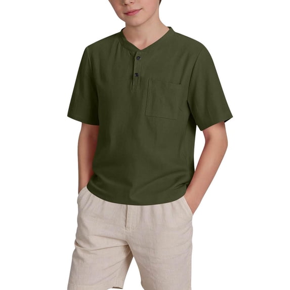 Boys Button Up Henley Shirts Short Sleeve Lightweight Summer Cotton Linen Dress T Shirt Tees Tops One Pocket Years 5-15 Green