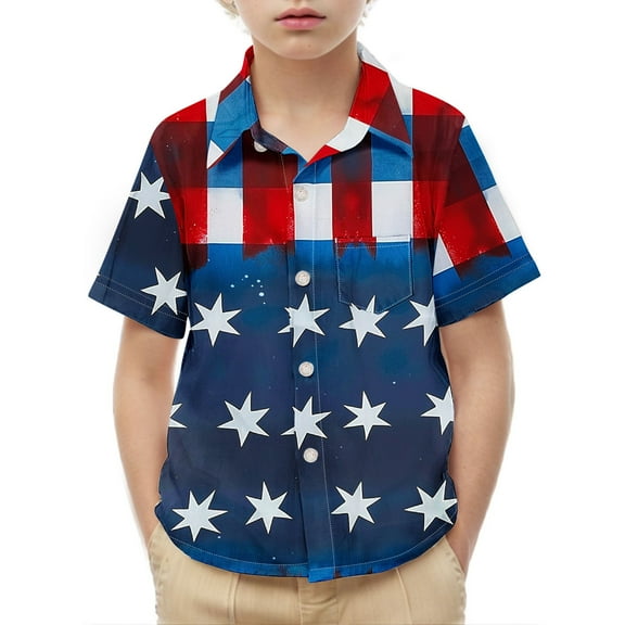 Boys Button-Up Patriotic Shirts Independence Day Outfits Summer Casual Short Sleeve Collared Blouses Festival Clothes Multicolor， 2 Years
