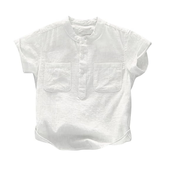 Boys Button Up Shirt Short Sleeve Lightweight Summer Linen Cotton Dress Shirts Tees Tops with Pocket