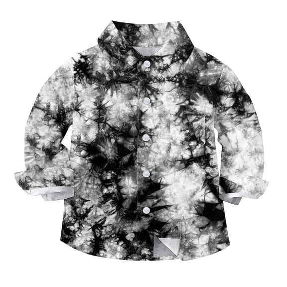 Boys Button Up Shirts Chest Pocket Fashion Tie-dye Long Sleeve Collared Dress Shirt for Kids Boy Girl Blouse, 3-4 Years Black