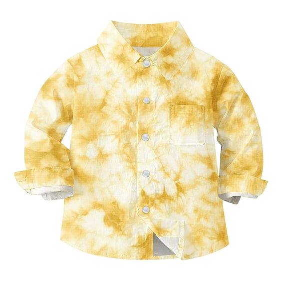Boys Button Up Shirts Chest Pocket Fashion Tie-dye Long Sleeve Collared Dress Shirt for Kids Boy Girl Blouse, 2-3 Years Yellow