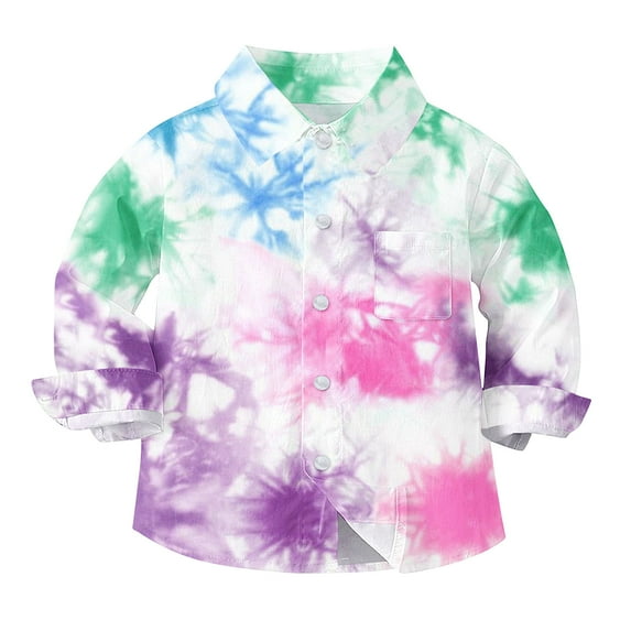 Boys Button Up Shirts Chest Pocket Fashion Tie-dye Long Sleeve Collared Dress Shirt for Kids Boy Girl Blouse, 7-8 Years Multicolor