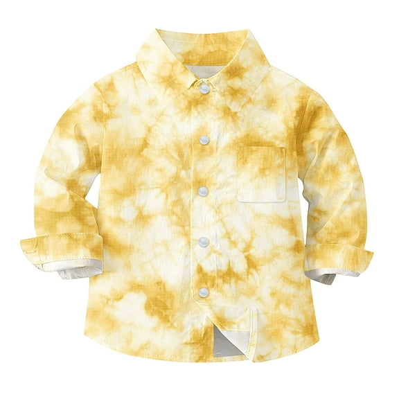 Boys Button Up Shirts Chest Pocket Fashion Tie-dye Long Sleeve Collared Dress Shirt for Kids Boy Girl Blouse, 7-8 Years Yellow