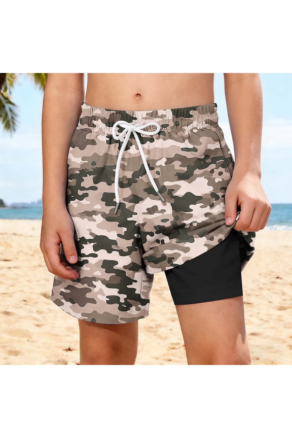 Boys Camo 2 in 1 Swim Trunks with Built-in Liner Quick Dry Beach Board Shorts Kids Swimwear,Size 11 T