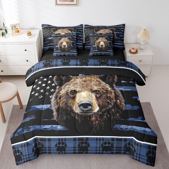 Camo Deer Twin Bedding Set 7 Piece Hunting American Flag Bed In A Bag Sheets Blue Camouflage Buffalo Plaid Comforter Set Men,Rustic Wildlife Paw Bed Set Woodland Animal Room Decor
