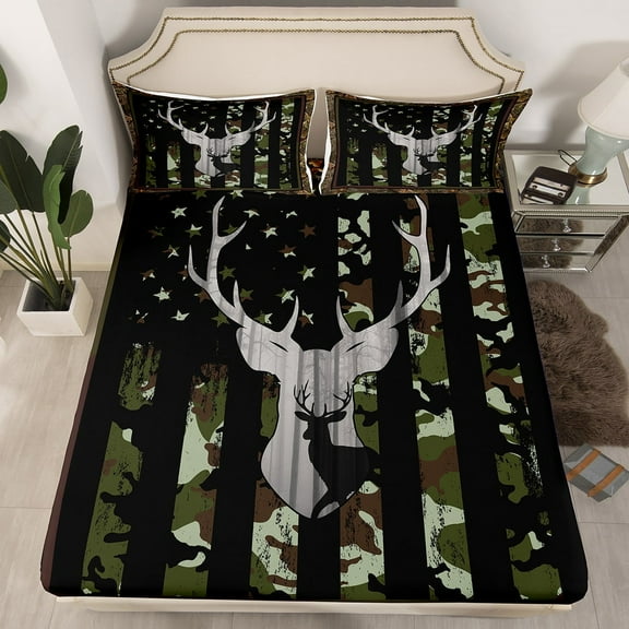 Camo Green Fitted Sheet American Flag Bed Sheets, Camouflage Hunting Deer Animal Print Bedding Set Full Rustic Branches Leaves Farmhouse Style Sheets 3 Pieces