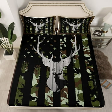 Camo Green Fitted Sheet American Flag Bed Sheets, Camouflage Hunting Deer Animal Print Bedding Set Full Rustic Branches Leaves Farmhouse Style Sheets 3 Pieces
