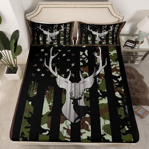 Camo Green Fitted Sheet American Flag Bed Sheets, Camouflage Hunting Deer Animal Print Bedding Set Twin Rustic Branches Leaves Farmhouse Style Sheets 2 Pieces