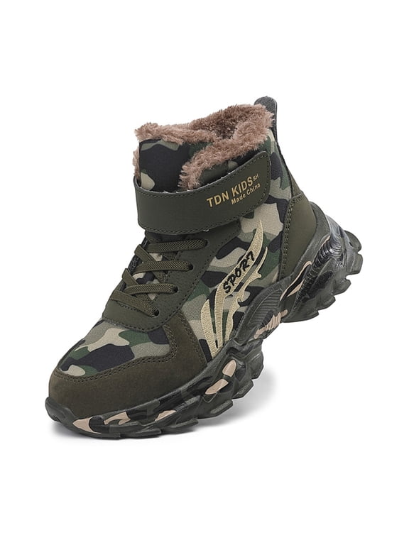 Boys Camo Winter Hiking Boots, Fleece-Lined Youth Hunting Shoes