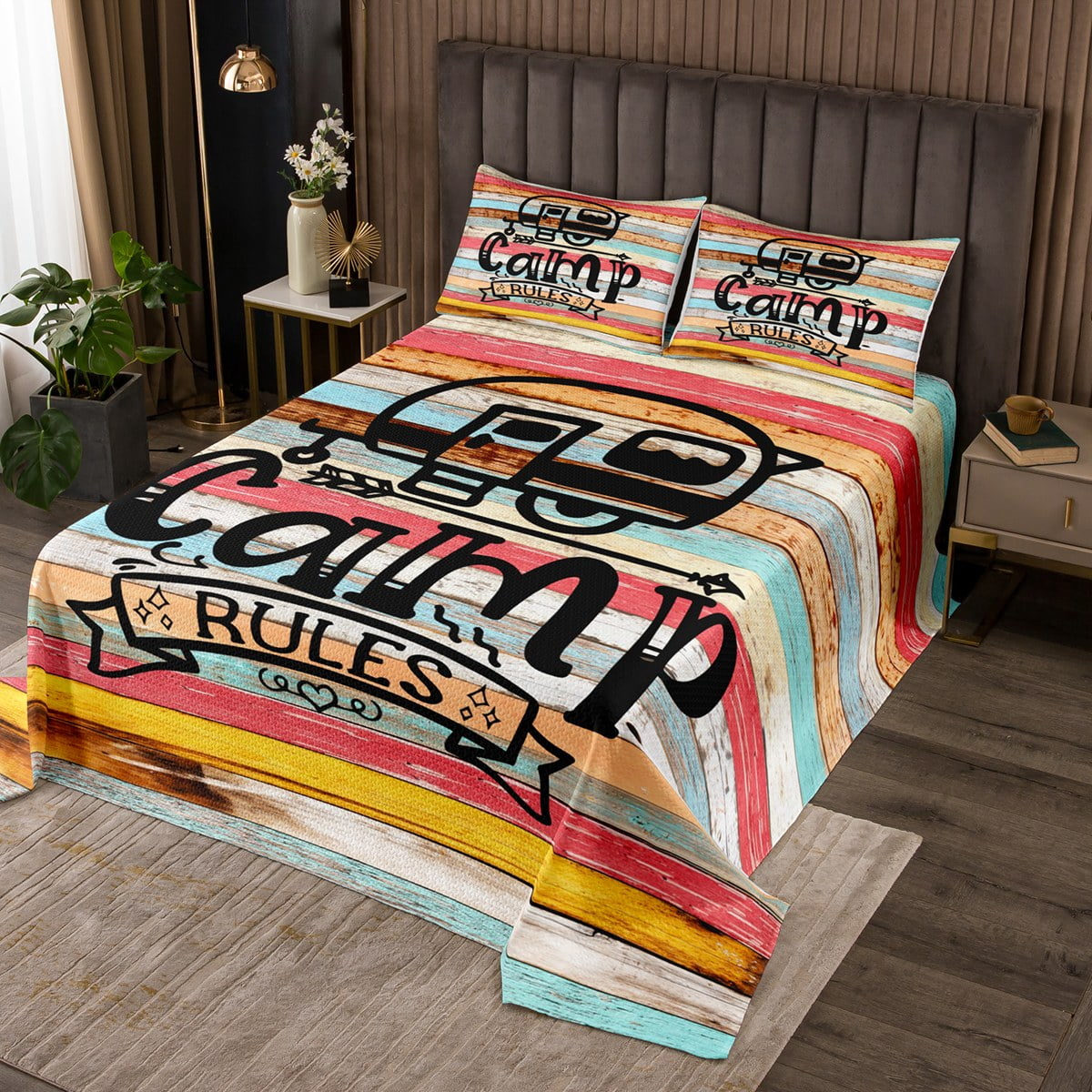 Boys Camp Rules Coverlet Set King for Girls Children Kids, Happy