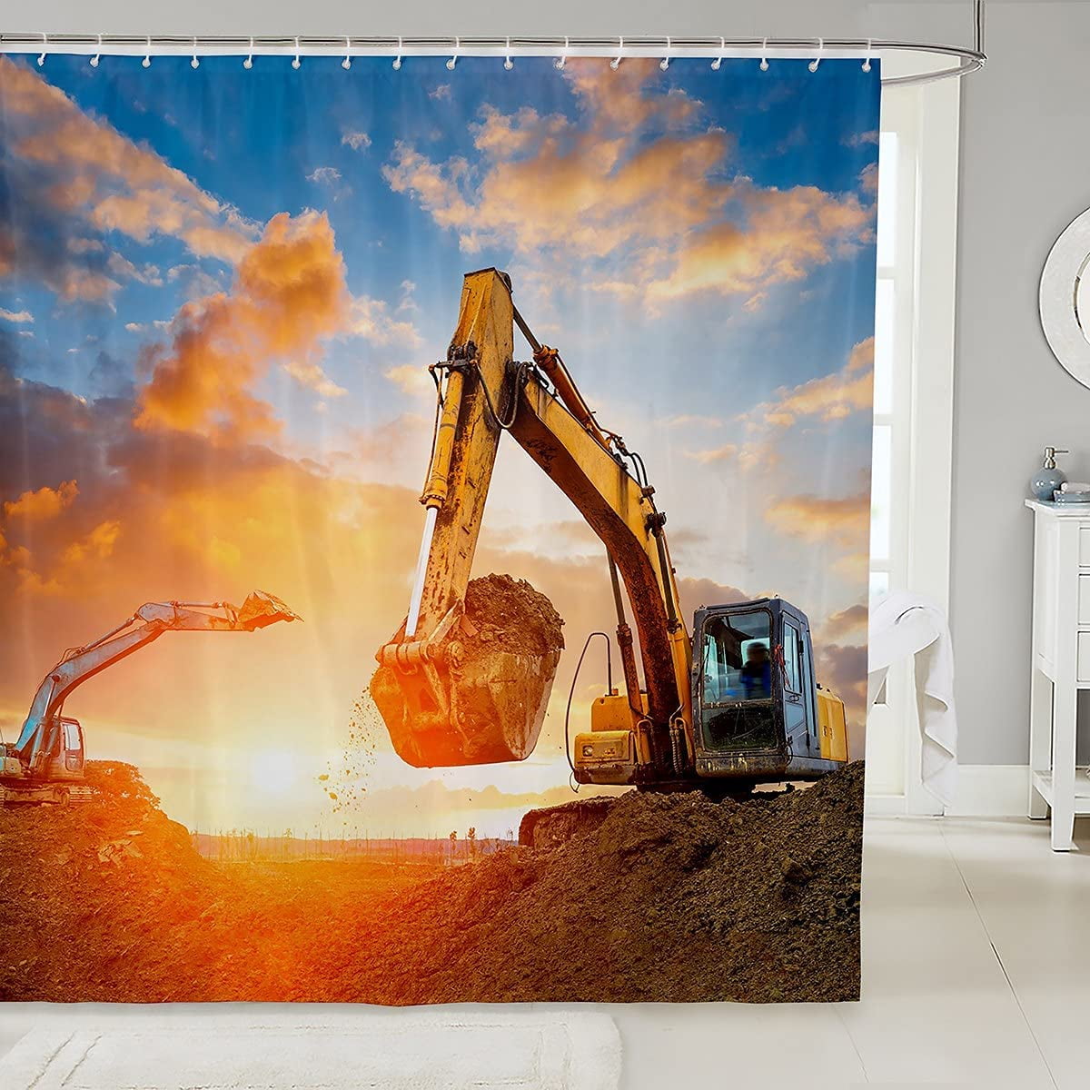Boys Car Bath Curtain Excavator Truck Shower Curtain for Kids Children Men Construction Vehicles Print Bathroom Shower Curtain Set Soft Heavy Machinery Cars Decor Waterproof 72"x72"