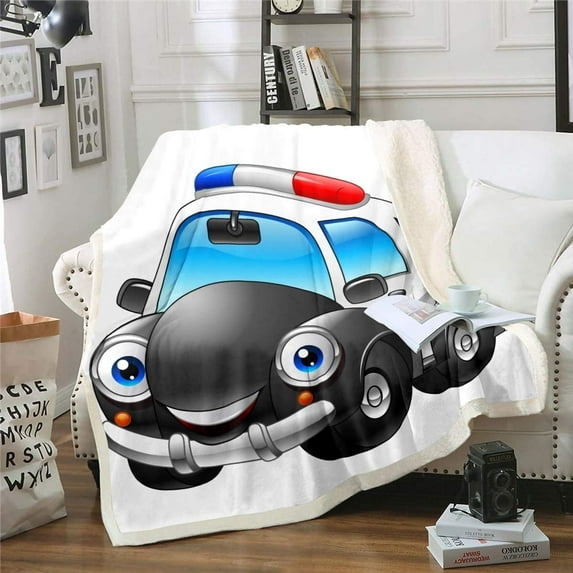 Boys Car Blanket Kids Cartoon Police Car Throw Blanket Super Soft Children Toddler Fleece Sherpa for Couch Bed Sofa Boy Cute Vehicle Plush Fuzzy BlanketThrow 50"x60"