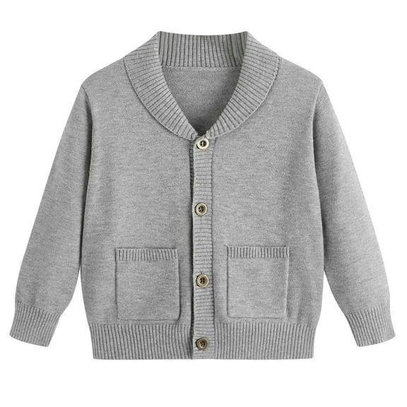 Boys Cardigan Sweater, Kids Casual V Neck Button Uniform Sweaters with Pockets, Solid Color Knitwear Coat Gray 7Y