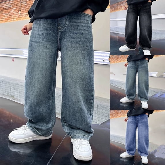 Boys Cargo Baggy Pants Elastic Waist Wide Leg Jeans Casual Demin Pants with Pockets Light Blue 13 Years-14 Years