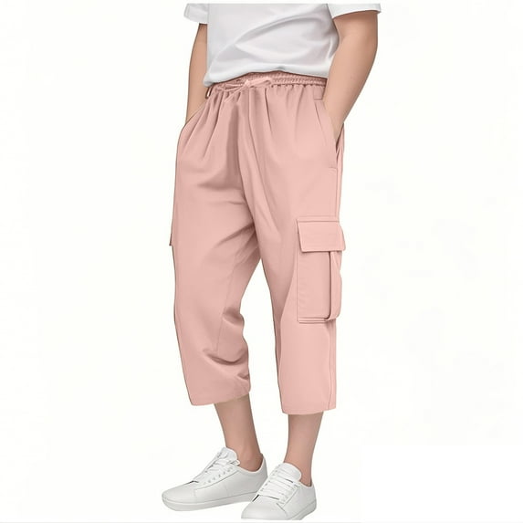 Boys Cargo Capris Pants Summer Casual Drawstring Elastic Waist Quick Dry Capri Kids Lightweight Hiking Cropped Pant with Pockets