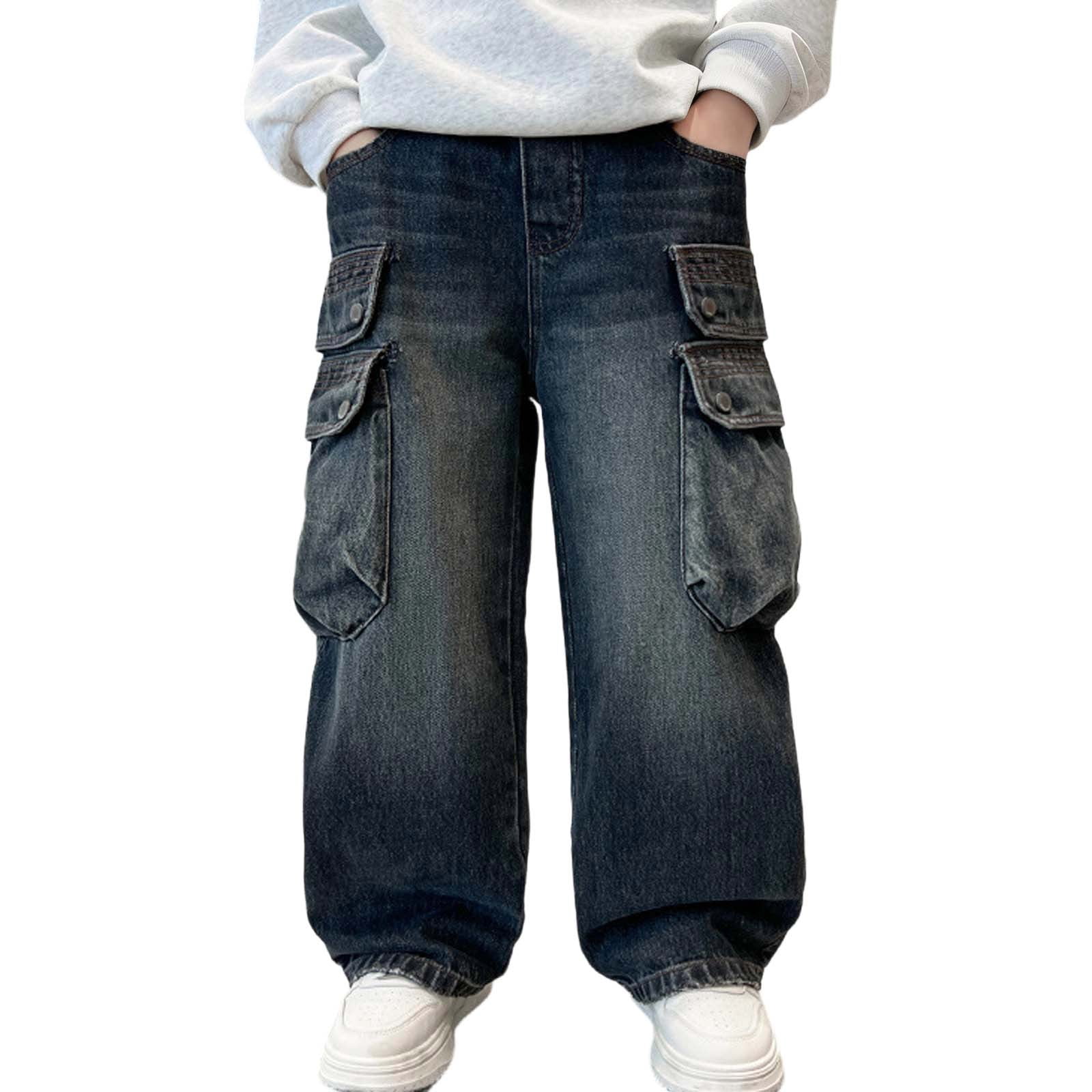 Boys Cargo Denim Pants Straight Leg Loose Fit Wide Leg Long Trousers ...