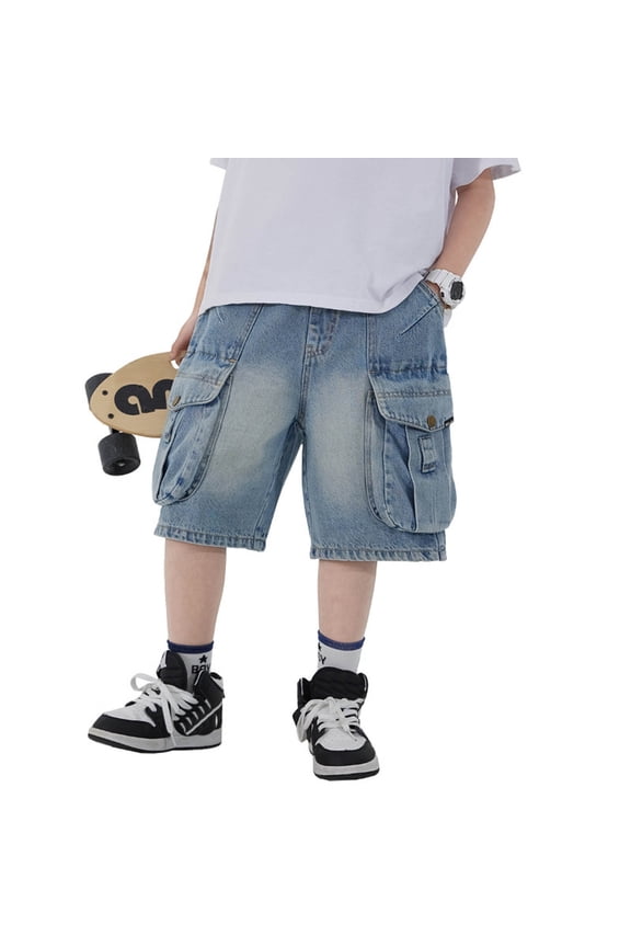 Boys Cargo Denim Shorts Summer Loose Fit Five Point Pockets Casual Outdoor Kids Bottoms Clothes