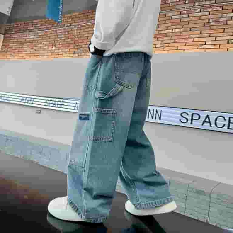 REGULAR-FIT PANTS WITH CARGO POCKETS IN LIGHT BLUE STRETCH DENIM, CHILD REGULAR-FIT PANTS WITH CARGO POCKETS IN LIGHT BLUE STRETCH DENIM, CHILD