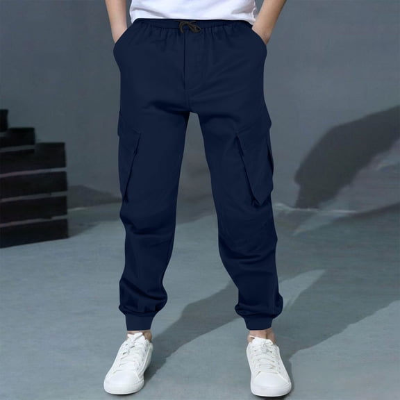 Boys Cargo Pants Elastic Waist Sweatpants with Pockets Twill Casual Athletic Jogging Pant School Athletic for Kids 4-14 Years
