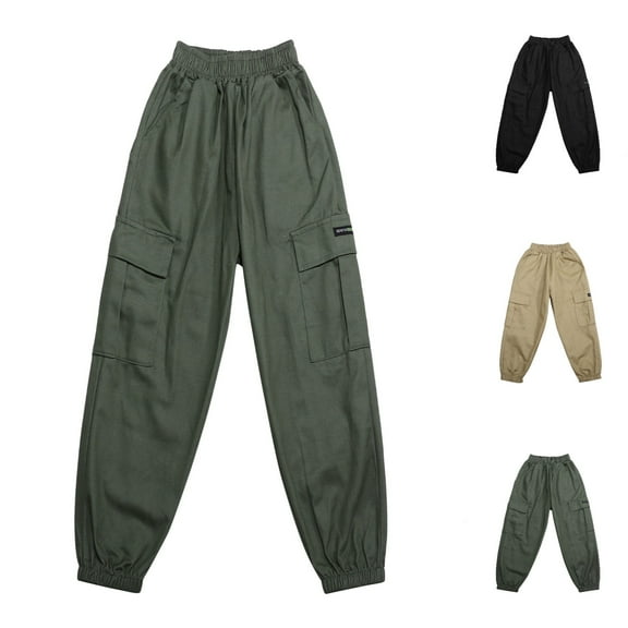 Boys Cargo Pants Fall Winter Hiking Solid Color Joggers Casual Pants with Pockets Elastic Waist Sports Activewear Trousers Green Sizes 11-12 Y