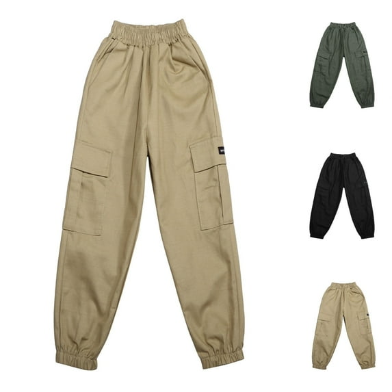 Boys Cargo Pants Fall Winter Hiking Solid Color Joggers Casual Pants with Pockets Elastic Waist Sports Activewear Trousers Khaki Sizes 14-15 Y