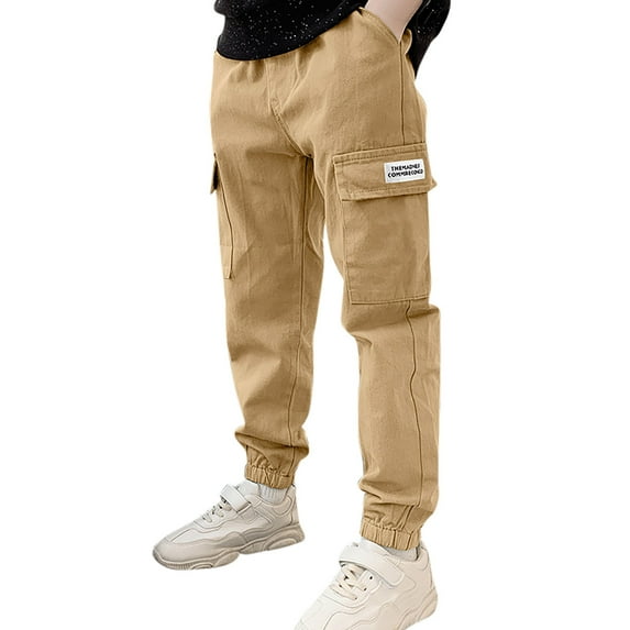 Boys' Cargo Pants Khaki Cargo Pants Classic Fit Elastic Waist Shorts Hiking Gear for Boys Girls 14-15 Years